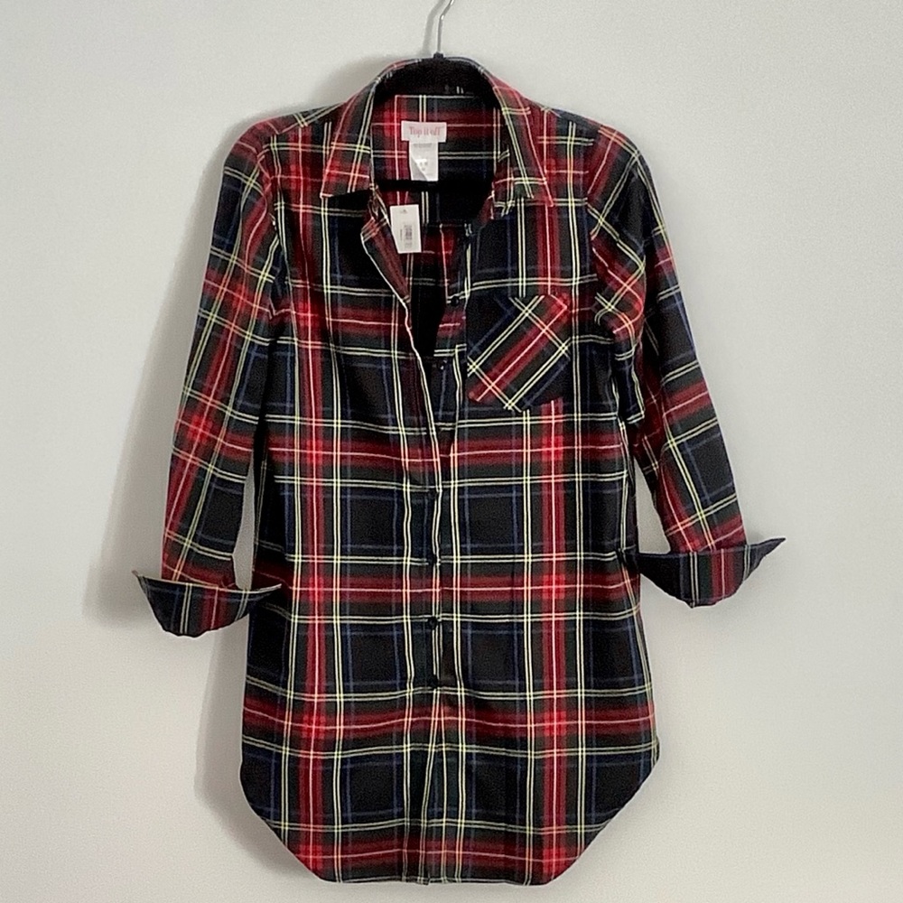 Plaid long button tunic top